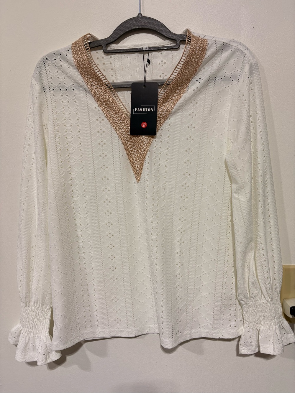 Fashion Brand Company White Eyelet Blouse with Tan Crochet V-Neck
